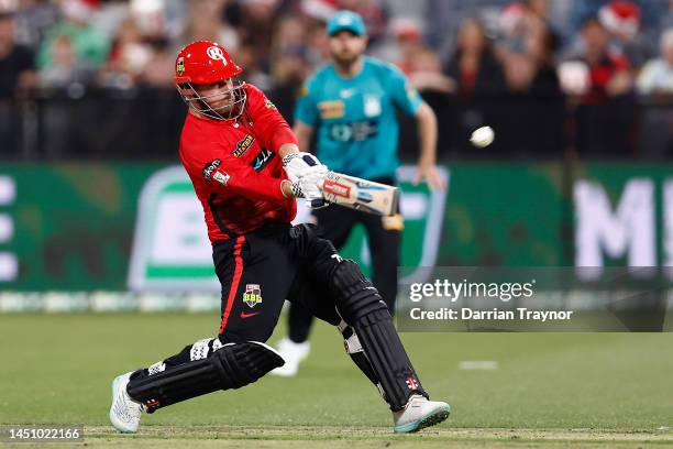 Aaron Finch of the Melbourne Renegades bats during the Men's Big Bash League match between the Melbourne Renegades and the Brisbane Heat at GMHBA...