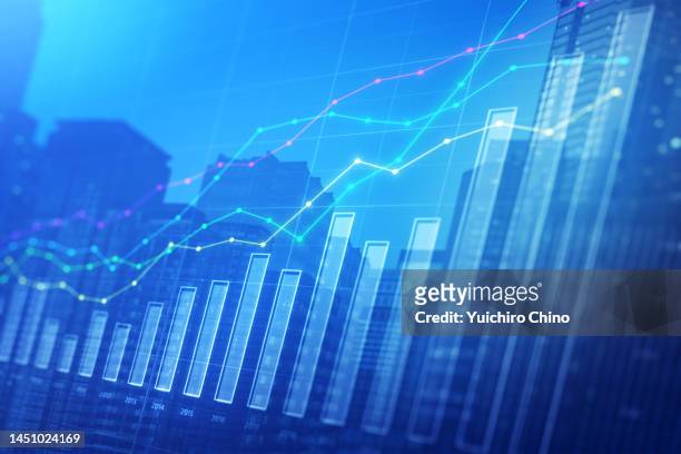 business chart and reflection buildings - economy business and finance imagens e fotografias de stock