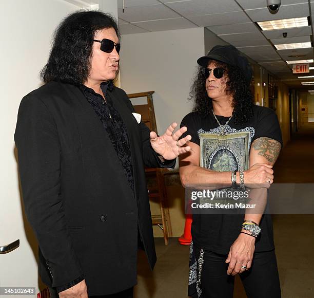 Gene Simmons and Slash backstage at the SiriusXM Studio on May 23, 2012 in New York City.