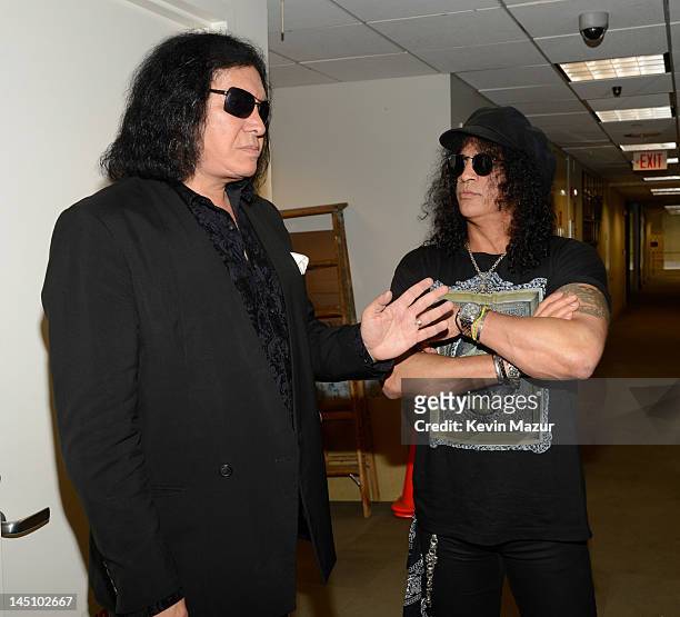 Gene Simmons and Slash backstage at the SiriusXM Studio on May 23, 2012 in New York City.