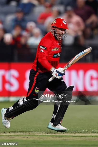 Aaron Finch of the Melbourne Renegades celebrates hitting the winning runs during the Men's Big Bash League match between the Melbourne Renegades and...