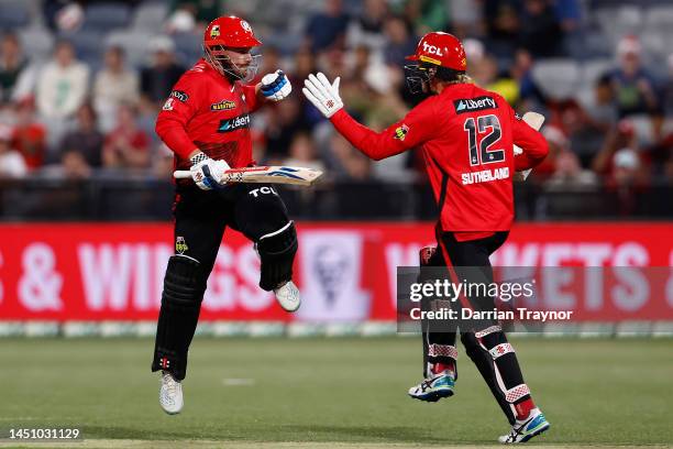 Aaron Finch of the Melbourne Renegades celebrates hitting the winning runs during the Men's Big Bash League match between the Melbourne Renegades and...