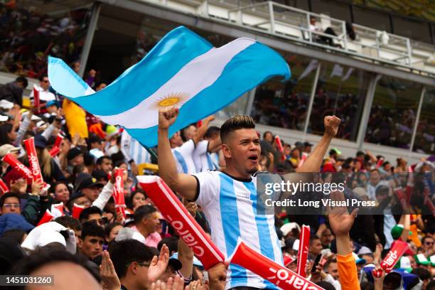 Argentina fans react during the live transmission of the FIFA World Cup Qatar final between Argentina and France in Bogota, Colombia, December 18,...