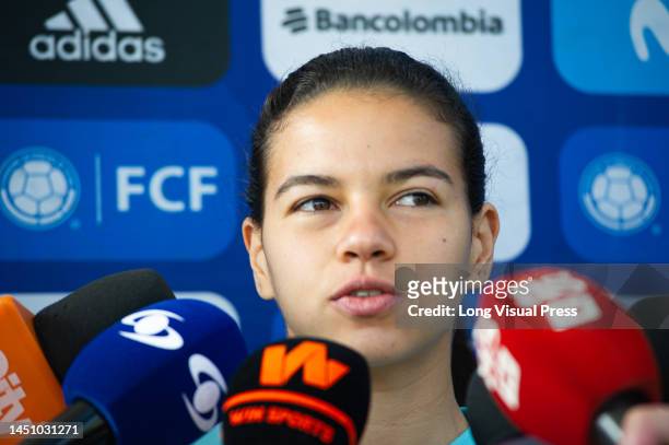 Iliana Izquierdo gives a press conference during Colombia's womens team preparations in Bogota, Colombia for the 2023 Australia's Womens World Cup,...