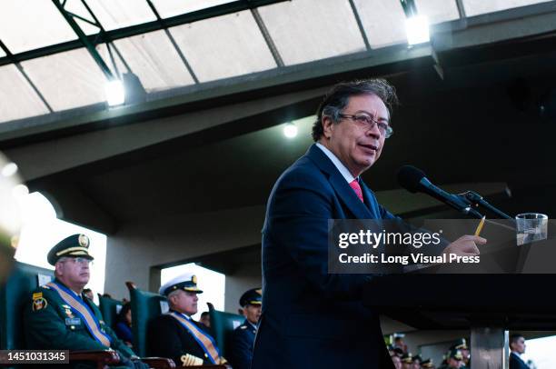 Colombian president Gustavo Petro gives a speach during the promotion ceremony of new Generals and Admirals of the Police and Military Forces at the...