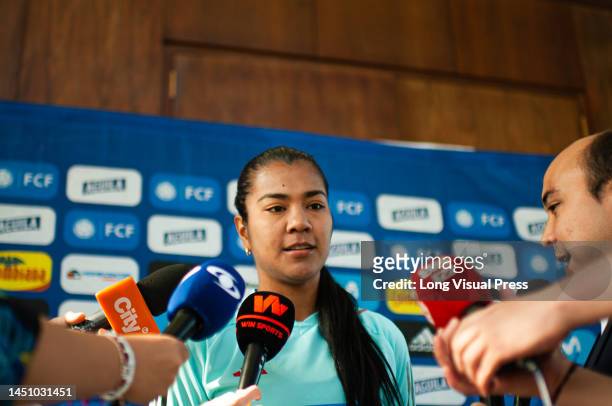 Daniela Alexandra Rojas gives a press conference during Colombia's womens team preparations in Bogota, Colombia for the 2023 Australia's Womens World...