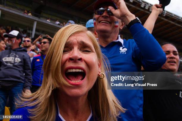 France fans react during the live transmission of the FIFA World Cup Qatar final between Argentina and France in Bogota, Colombia, December 18, 2022.