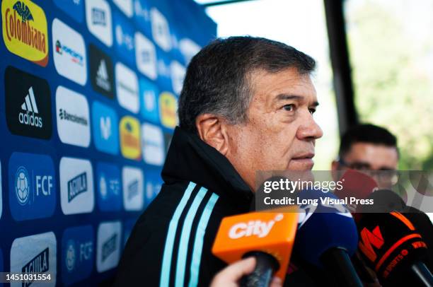 Team manager Nelson Abadia speaks with the media during Colombia's womens team preparations in Bogota, Colombia for the 2023 Australia's Womens World...