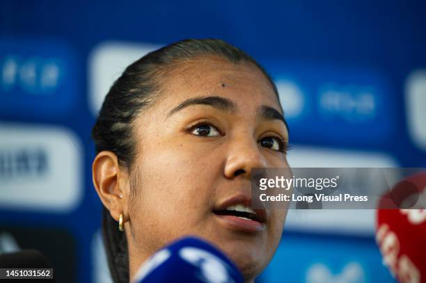 Daniela Alexandra Rojas gives a press conference during Colombia's womens team preparations in Bogota, Colombia for the 2023 Australia's Womens World...