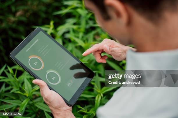 homme de la campagne utilisant une tablette numérique - agriculture stock photos et images de collection