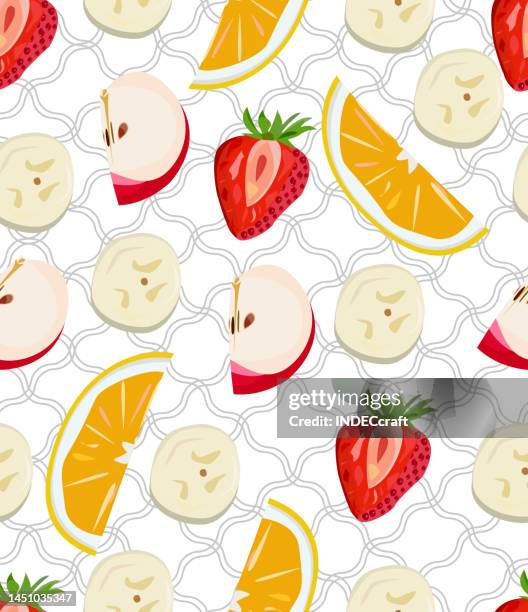 cutted fruits seamless background - strawberry slice stock illustrations