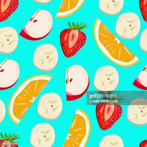 cutted fruits seamless background - strawberry slice stock illustrations