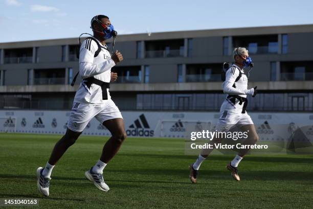 David Alaba and Federico Valverde, players of Real Madrid, are training at Valdebebas training ground on December 21, 2022 in Madrid, Spain.