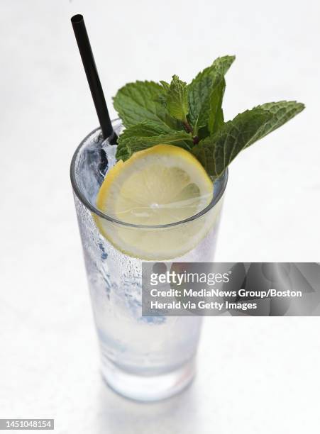 Roger Berkowitz shows off the ultimate Gin and Tonic made with St. George's Gin served with a lemon garnish and a mint sprig at Legal Seafoods...