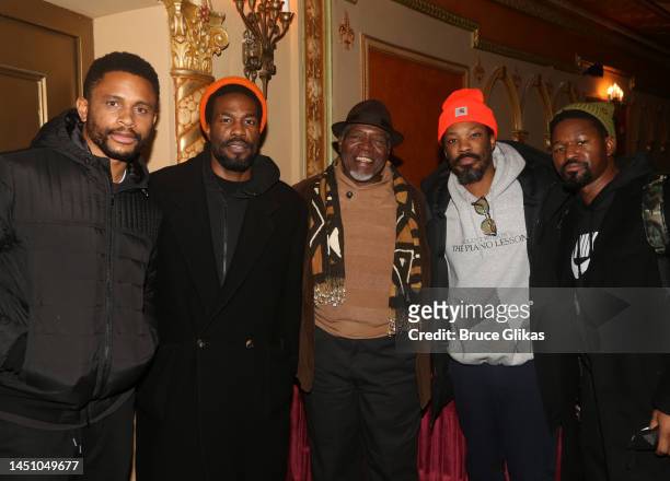 Nnamdi Asomugha, Yahya Abdul-Mateen II, Chuck Cooper, Corey Hawkins, Rob Demery pose backstage at the hit play "Topdog/Underdog" on Broadway at The...