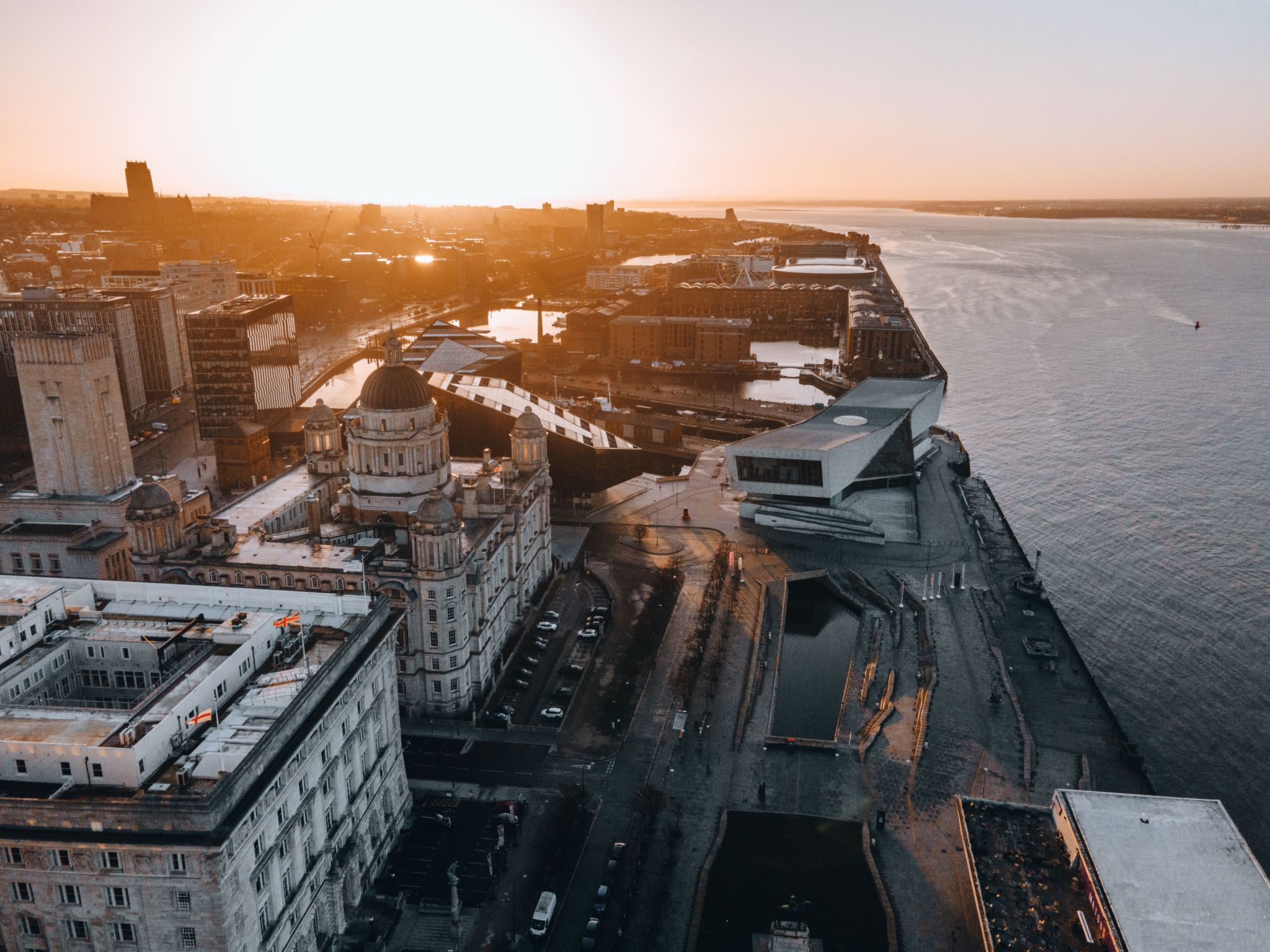 Royal Liver Building in Liverpool, England by Drone Royal Liver Building in Liverpool, England by Drone