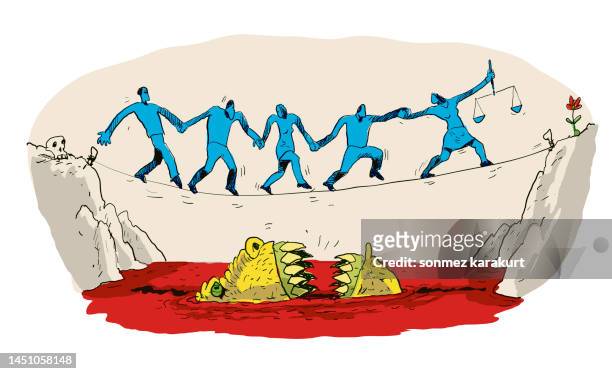 people walking on a tightrope cross the abyss - tightrope stock illustrations
