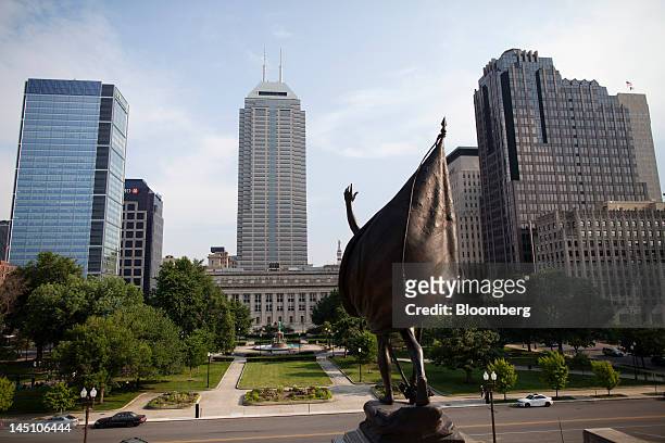 Buildings rise from the skyline of Indianapolis, Indiana, U.S., on Sunday, May 20, 2012. The Indiana agency that supervised February's Super Bowl...