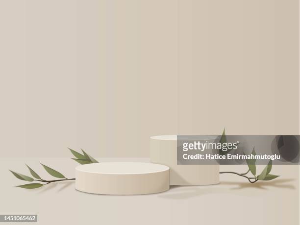 ilustrações, clipart, desenhos animados e ícones de cena do pódio da exposição do produto decorada com folhas de oliveira ilustração stock - beige background