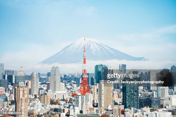 mt. fuji and tokyo skyline - tokyo japan stock pictures, royalty-free photos & images