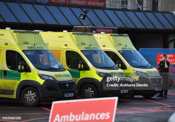 Ambulances parked outside Manchester Royal Infirmary on December 21, 2022 in Manchester, England. Ambulance workers across Wales and England are...