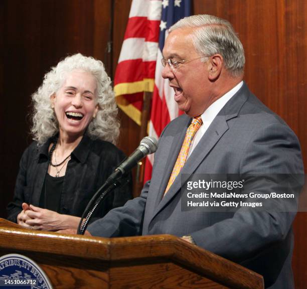 Mayor Thomas menino and Dr. Barbara Ferrer speak with the media during a new conference urging the public to get vaccinations for both seasonal flu...