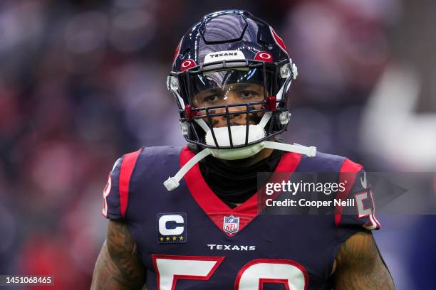 Christian Kirksey of the Houston Texans runs onto the field during introductions against the Kansas City Chiefs at NRG Stadium on December 18, 2022...