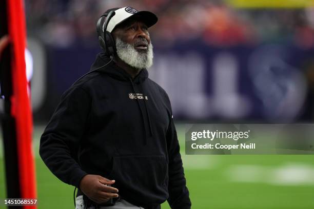 Head coach Lovie Smith of the Houston Texans looks up against the Kansas City Chiefs at NRG Stadium on December 18, 2022 in Houston, Texas.