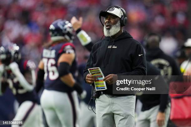 Head coach Lovie Smith of the Houston Texans looks down field against the Kansas City Chiefs at NRG Stadium on December 18, 2022 in Houston, Texas.