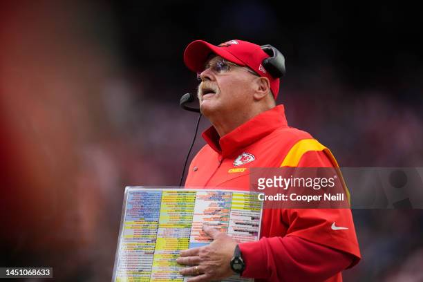 Head coach Andy Reid of the Kansas City Chiefs looks up against the Houston Texans at NRG Stadium on December 18, 2022 in Houston, Texas.