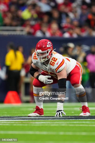 Joe Thuney of the Kansas City Chiefs gets set against the Houston Texans at NRG Stadium on December 18, 2022 in Houston, Texas.