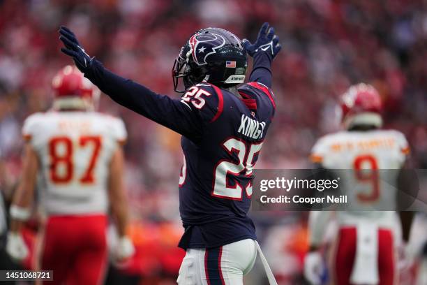 Desmond King II of the Houston Texans celebrates against the Kansas City Chiefs at NRG Stadium on December 18, 2022 in Houston, Texas.