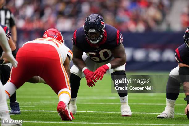 Cann of the Houston Texans gets set against the Kansas City Chiefs at NRG Stadium on December 18, 2022 in Houston, Texas.