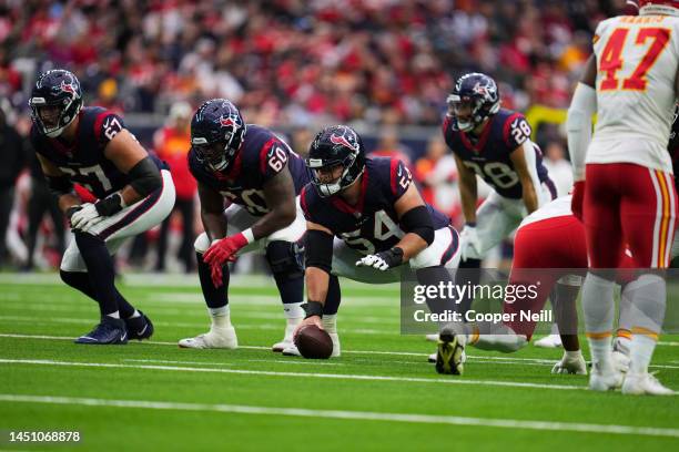 Scott Quessenberry of the Houston Texans A.J. Cann, Charlie Heck at NRG Stadium on December 18, 2022 in Houston, Texas.