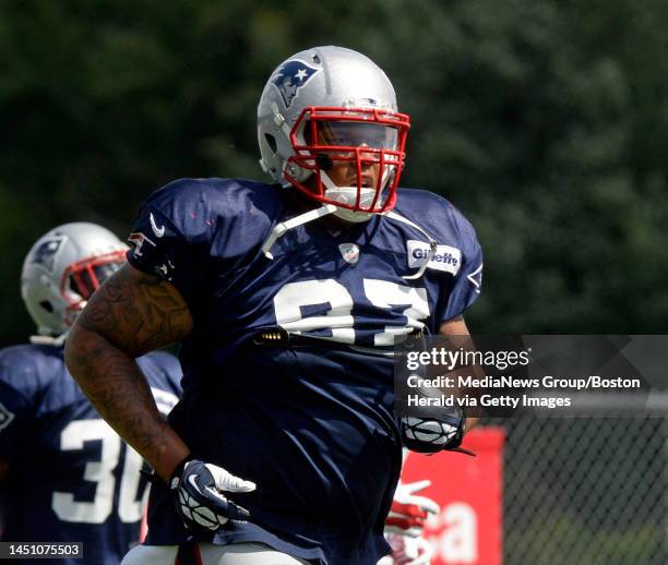 New England Patriots defensive lineman Jerel Worthy runs during training camp in Foxboro on Monday, August 18, 2014. Staff photo by Christopher Evans