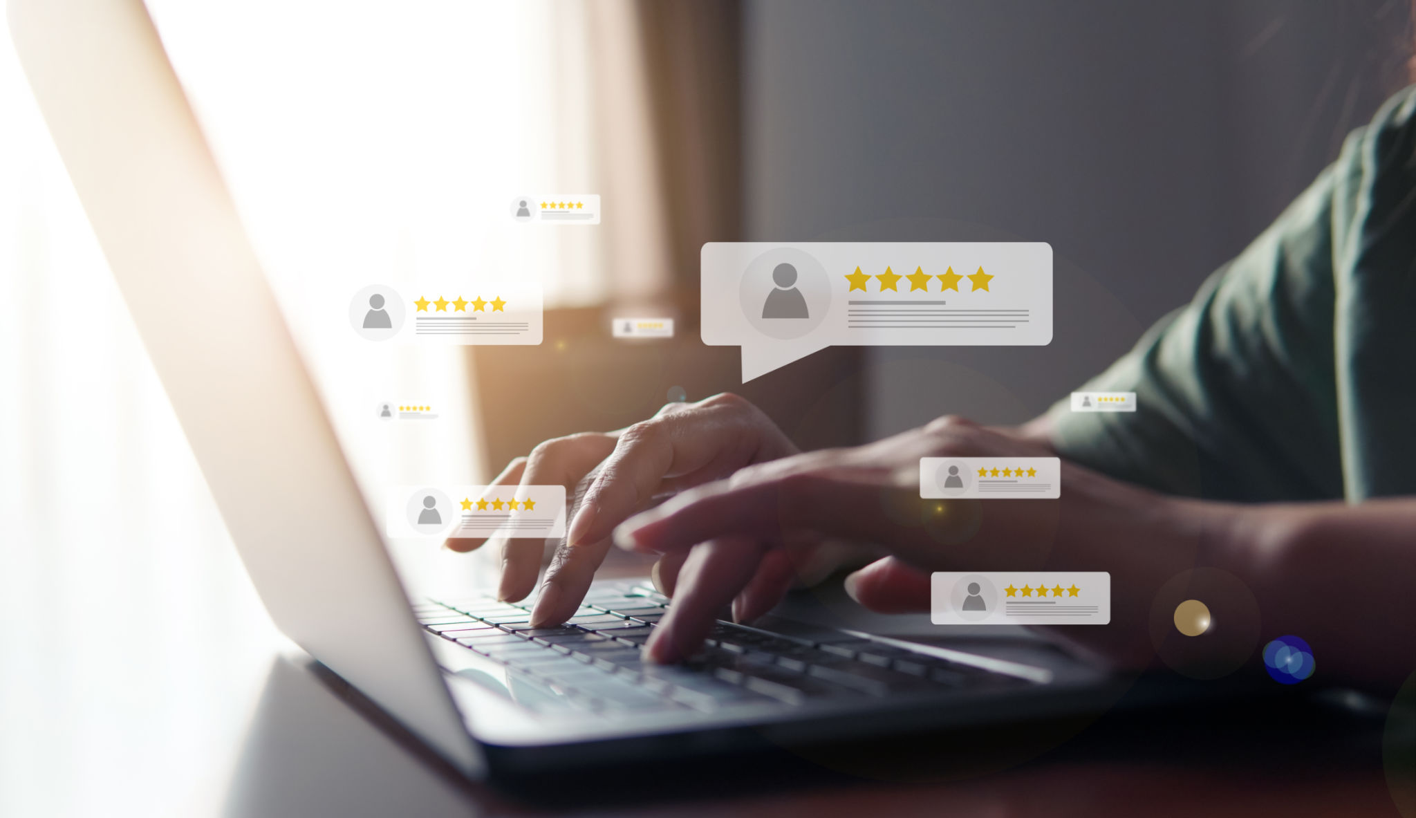 Customer review good rating concept, hand pressing user and five star icon on visual screen for positive customer feedback, testimonial and testimony, user comment and feedback for review. Customer review good rating concept, hand pressing user and five star icon on visual screen for positive customer feedback, testimonial and testimony, user comment and feedback for review.
