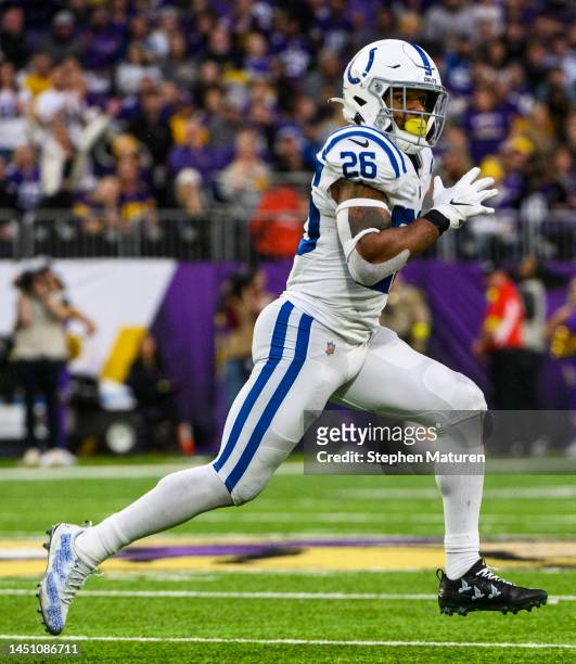 Rodney McLeod Jr. #26 of the Indianapolis Colts pursues a play in the third quarter of the game against the Minnesota Vikings at U.S. Bank Stadium on...