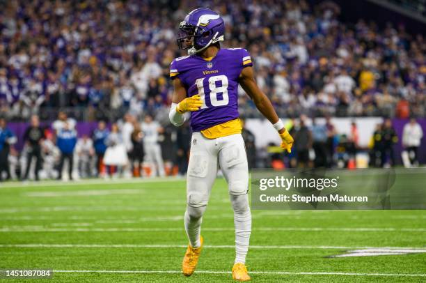 Justin Jefferson of the Minnesota Vikings lines up for a play in the fourth quarter of the game against the Indianapolis Colts at U.S. Bank Stadium...