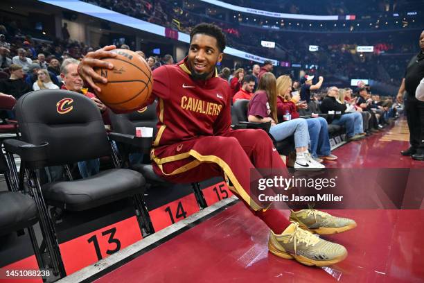 Donovan Mitchell of the Cleveland Cavaliers interacts with fans prior to the game against the Utah Jazz at Rocket Mortgage Fieldhouse on December 19,...