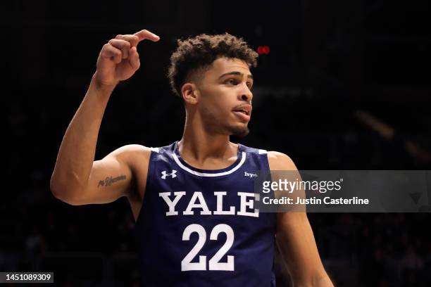 Matt Knowling of the Yale Bulldogs reacts after a play in the game against the Butler Bulldogs at Hinkle Fieldhouse on December 06, 2022 in...