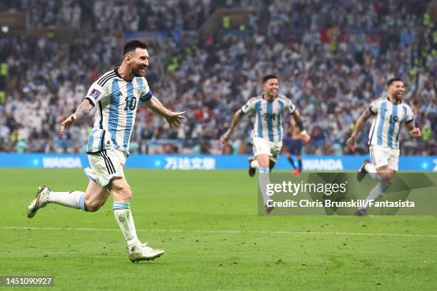 Lionel Messi of Argentina celebrates his side's second goal during the FIFA World Cup Qatar 2022 Final match between Argentina and France at Lusail...