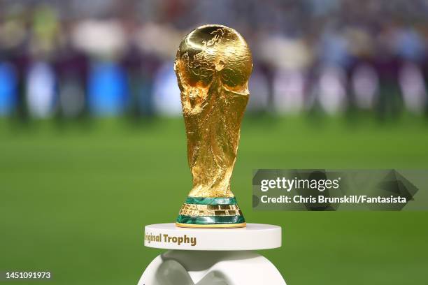 The FIFA World Cup trophy is seen before the FIFA World Cup Qatar 2022 Final match between Argentina and France at Lusail Stadium on December 18,...