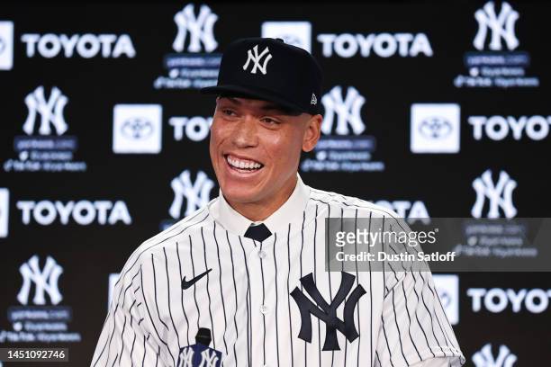 Aaron Judge of the New York Yankees speaks to the media during a press conference at Yankee Stadium on December 21, 2022 in Bronx, New York.