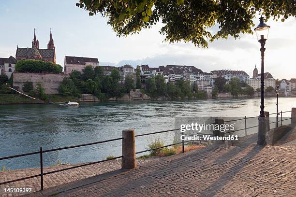 switzerland, basel, view of basel munster across rhine river - basel port stock pictures, royalty-free photos & images