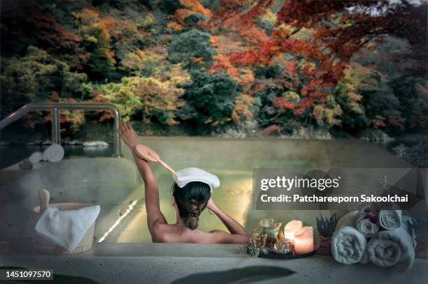 relax on nature - japan onsen stockfoto's en -beelden