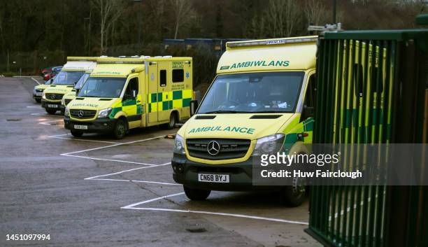 View of stationary ambulances as Welsh Ambulance staff strike on December 21, 2022 in Cardiff, United Kingdom. Ambulance workers across Wales and...