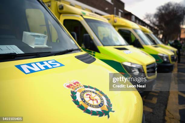Rows of unused ambulances are seen outside Kenton Ambulance Station during a strike over pay and conditions on December 21, 2022 in London, United...