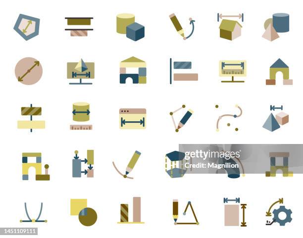 stockillustraties, clipart, cartoons en iconen met 3d modeling cad flat icons set - model to scale