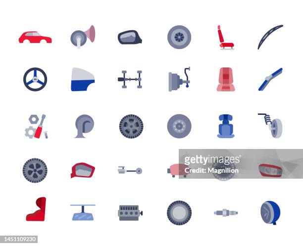 autoteile, formteile, upgrades flat icons set - auto repair shop stock-grafiken, -clipart, -cartoons und -symbole