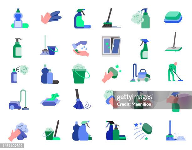 ilustraciones, imágenes clip art, dibujos animados e iconos de stock de conjunto de iconos de limpieza plana - escobilla de baño